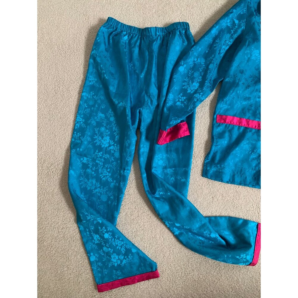 BLOOMINGDALE'S VINTAGE Teal and Pink Floral Oriental Style Pajama Set Women's - Picture 3 of 7